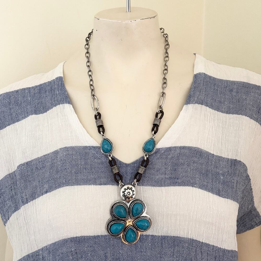 Faux Turquoise and Silver Tone Chunky Statement Necklace Bohemian Southwestern